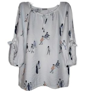 ZOE sketch art scoop neck, metal tassle keyhole, sz L